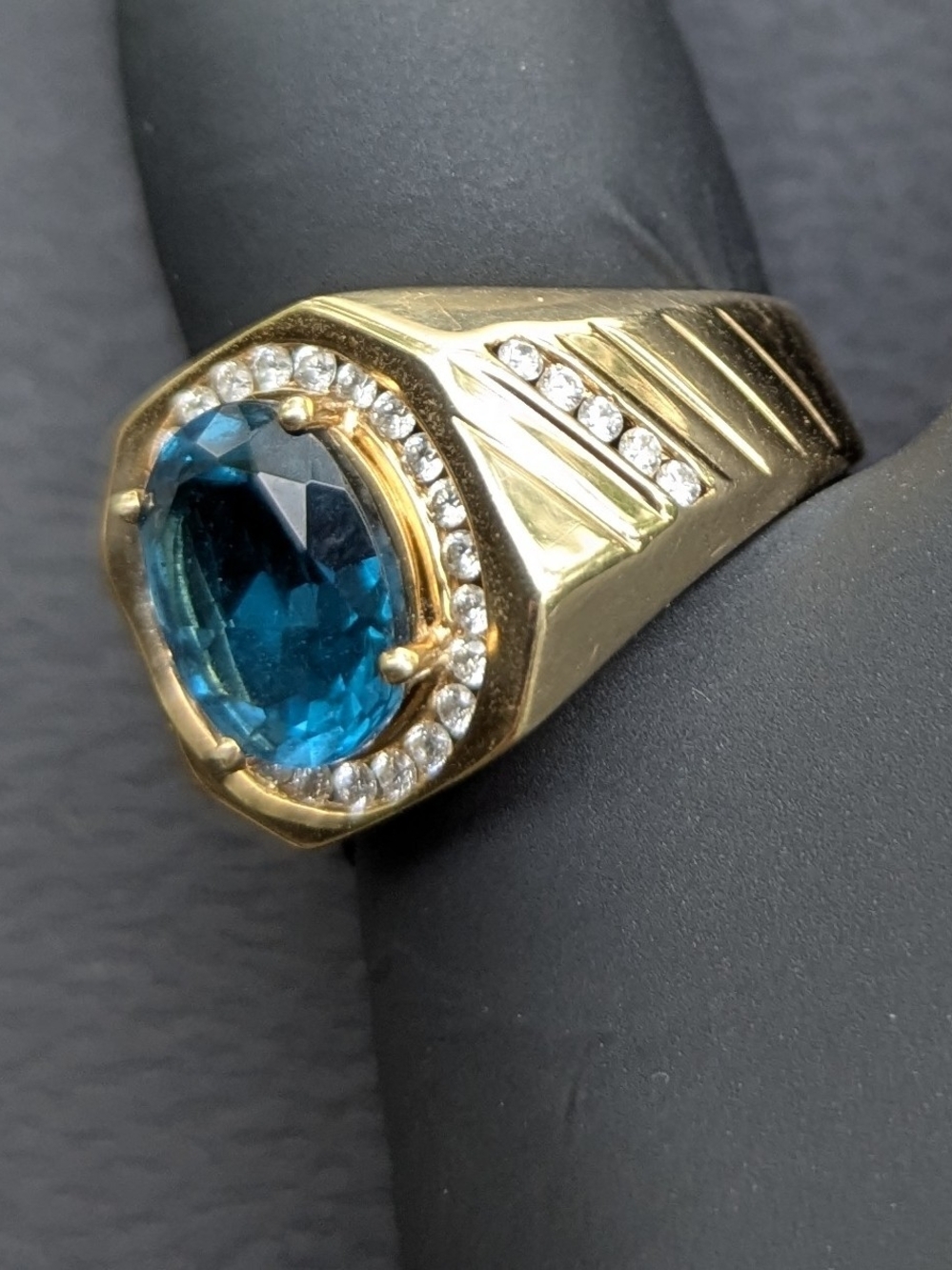 Helzberg Diamonds Gold Ring with Blue Center Stone and Halo - Picture 8 of 12